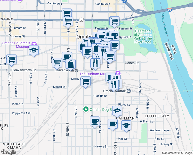 map of restaurants, bars, coffee shops, grocery stores, and more near 1229 Marcy Plaza in Omaha