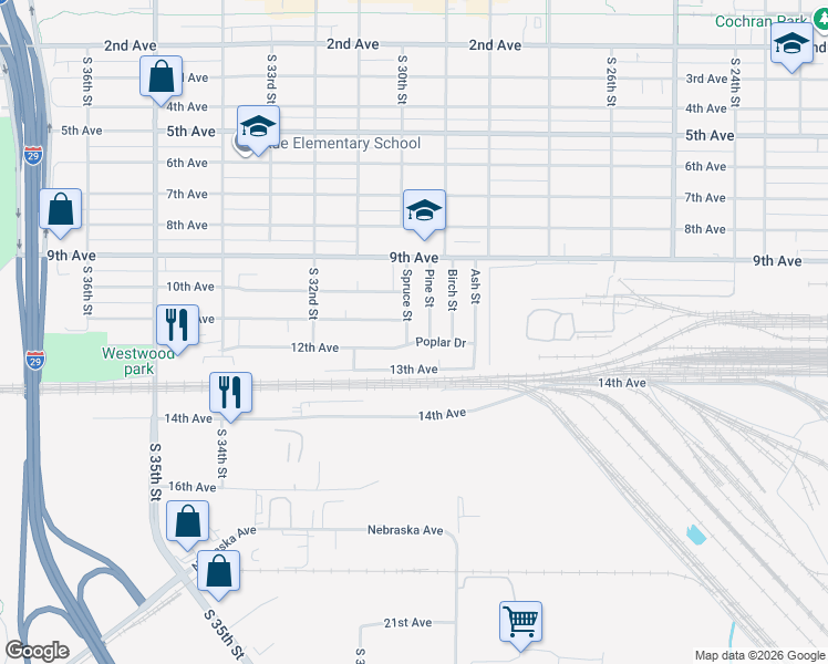 map of restaurants, bars, coffee shops, grocery stores, and more near 1111 Spruce Street in Council Bluffs