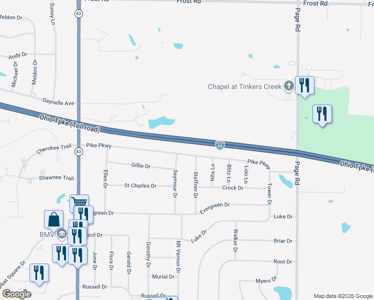 map of restaurants, bars, coffee shops, grocery stores, and more near 1605 Pike Parkway in Streetsboro