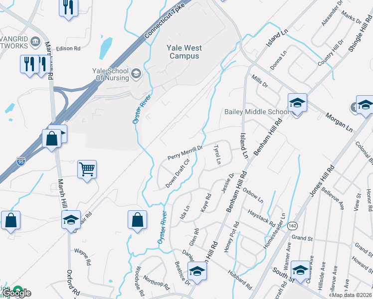 map of restaurants, bars, coffee shops, grocery stores, and more near 65 Perry Merrill Drive in West Haven