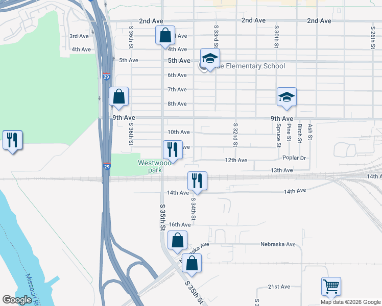 map of restaurants, bars, coffee shops, grocery stores, and more near 1106A South 34th Street in Council Bluffs