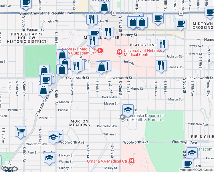 map of restaurants, bars, coffee shops, grocery stores, and more near 4301 Marcy Street in Omaha