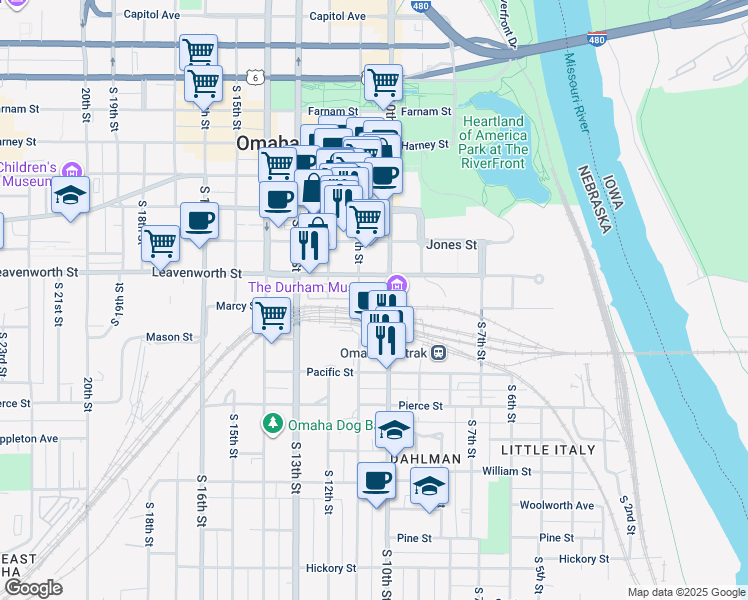 map of restaurants, bars, coffee shops, grocery stores, and more near 913 South 10th Street in Omaha