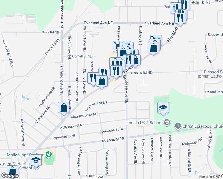 map of restaurants, bars, coffee shops, grocery stores, and more near 1805 Tiffany Drive Northeast in Warren