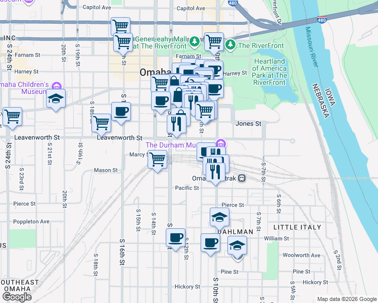 map of restaurants, bars, coffee shops, grocery stores, and more near in Omaha