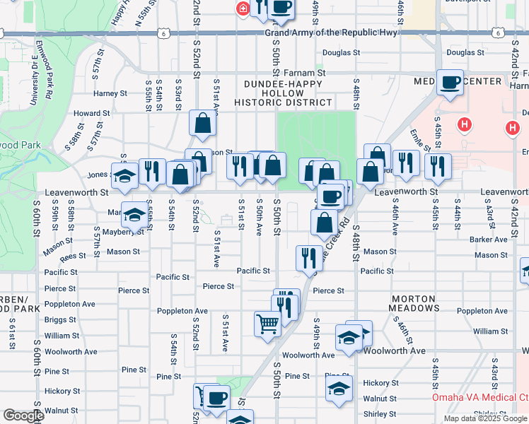 map of restaurants, bars, coffee shops, grocery stores, and more near 821 S 50th Ave in Omaha