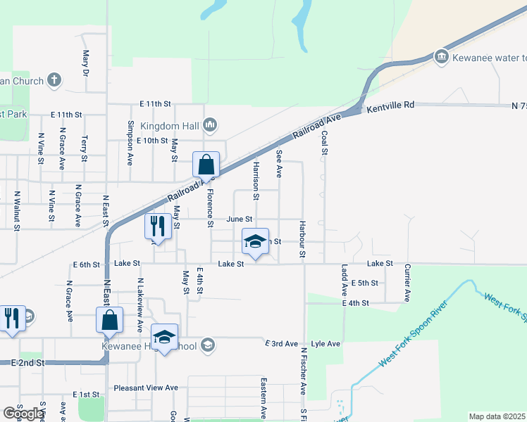 map of restaurants, bars, coffee shops, grocery stores, and more near 808 Harrison Street in Kewanee