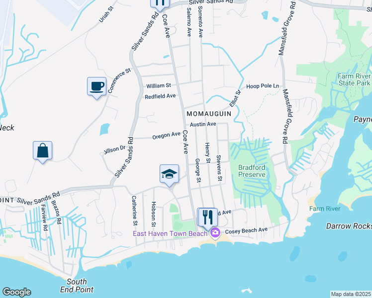 map of restaurants, bars, coffee shops, grocery stores, and more near 158 Coe Ave in East Haven