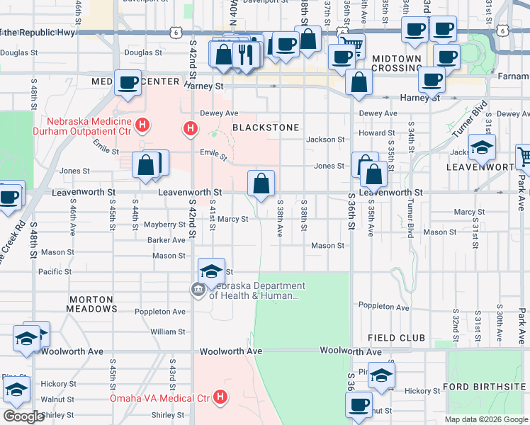 map of restaurants, bars, coffee shops, grocery stores, and more near 3858 Marcy Street in Omaha