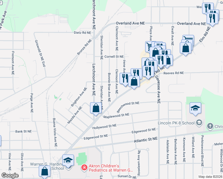 map of restaurants, bars, coffee shops, grocery stores, and more near 1567 Clermont Avenue Northeast in Warren