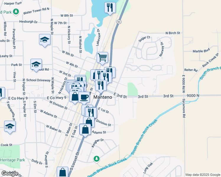 map of restaurants, bars, coffee shops, grocery stores, and more near 324 North Locust Street in Manteno