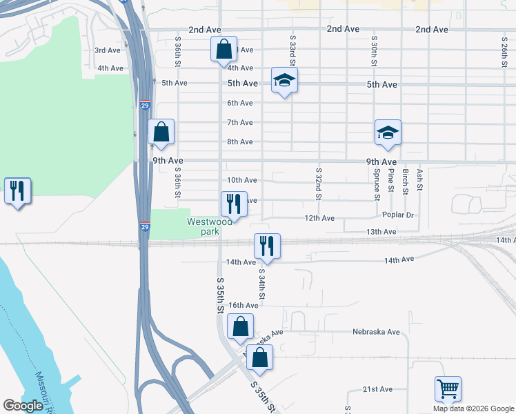 map of restaurants, bars, coffee shops, grocery stores, and more near 1106B South 34th Street in Council Bluffs
