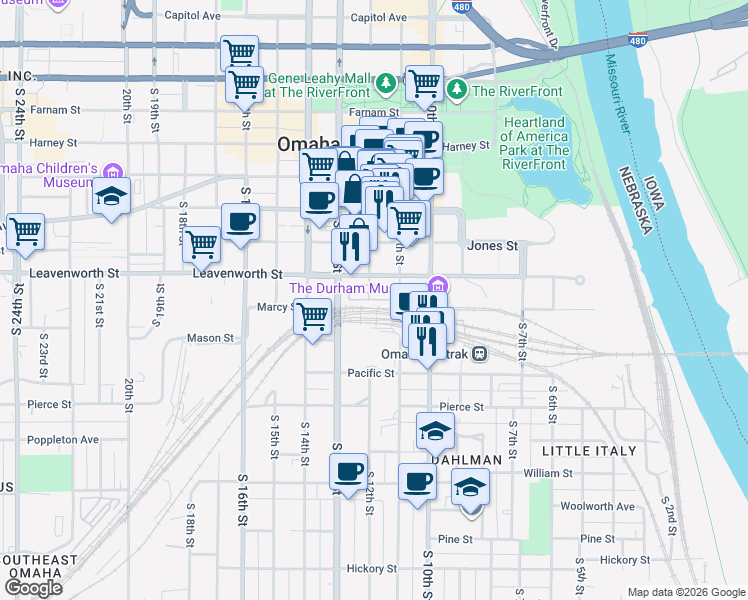 map of restaurants, bars, coffee shops, grocery stores, and more near in Omaha