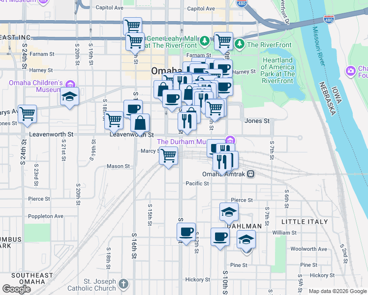 map of restaurants, bars, coffee shops, grocery stores, and more near 1229 Marcy Plaza in Omaha