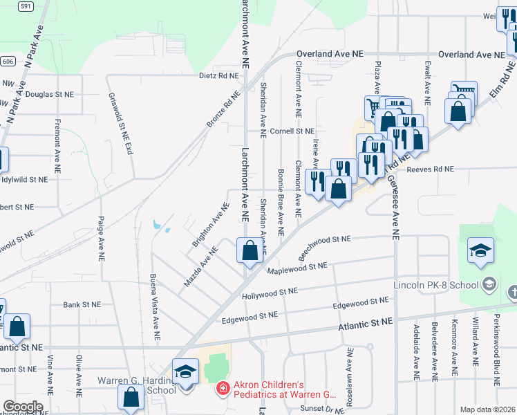 map of restaurants, bars, coffee shops, grocery stores, and more near 1594 Sheridan Avenue Northeast in Warren