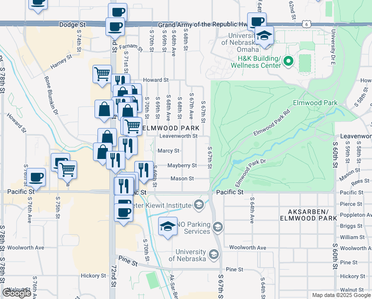 map of restaurants, bars, coffee shops, grocery stores, and more near 901 South 68th Street in Omaha