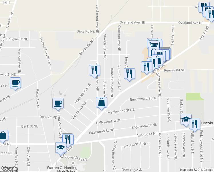 map of restaurants, bars, coffee shops, grocery stores, and more near 1594 Sheridan Avenue Northeast in Warren