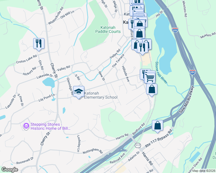 map of restaurants, bars, coffee shops, grocery stores, and more near 56 Huntville Road in Katonah