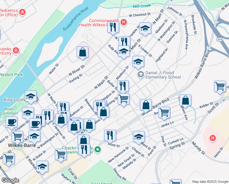 map of restaurants, bars, coffee shops, grocery stores, and more near 415 North Washington Street in Wilkes-Barre