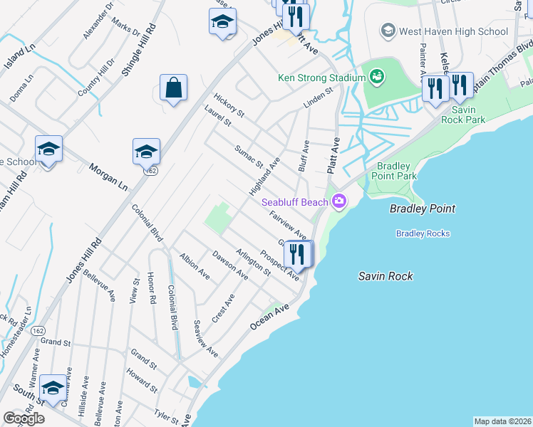 map of restaurants, bars, coffee shops, grocery stores, and more near 84 Fairview Avenue in West Haven