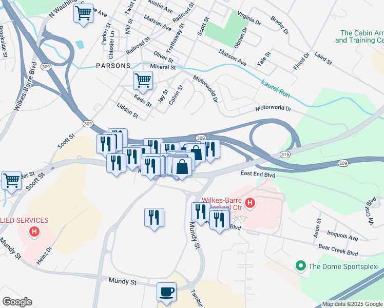 map of restaurants, bars, coffee shops, grocery stores, and more near 860 Kidder Street in Wilkes-Barre