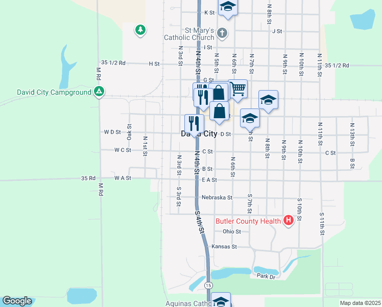 map of restaurants, bars, coffee shops, grocery stores, and more near 371 C Street in David City