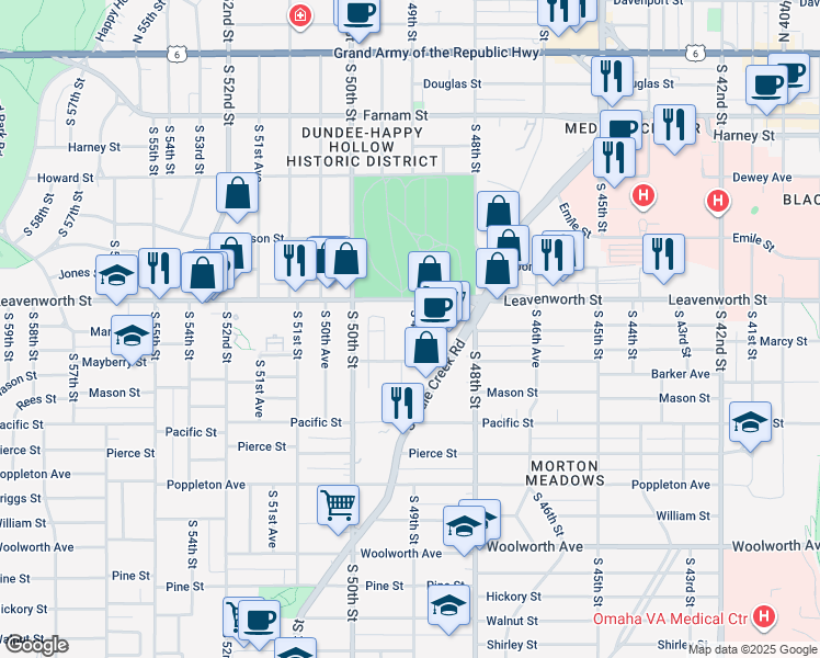 map of restaurants, bars, coffee shops, grocery stores, and more near 822 South 49th Street in Omaha