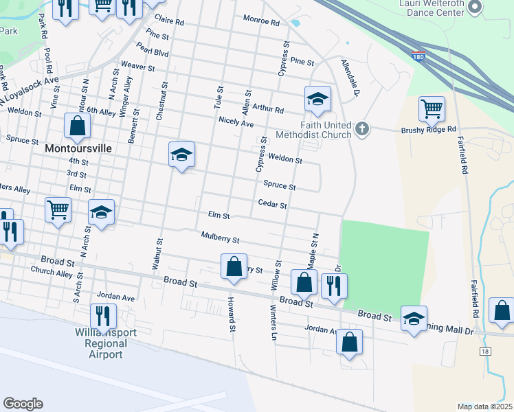 map of restaurants, bars, coffee shops, grocery stores, and more near 1200 Cedar Street in Montoursville
