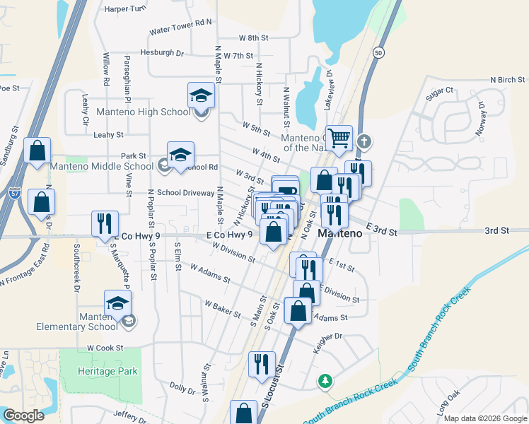 map of restaurants, bars, coffee shops, grocery stores, and more near 125 West 2nd Street in Manteno
