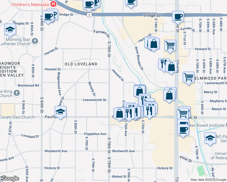 map of restaurants, bars, coffee shops, grocery stores, and more near 623 S 78th St in Omaha