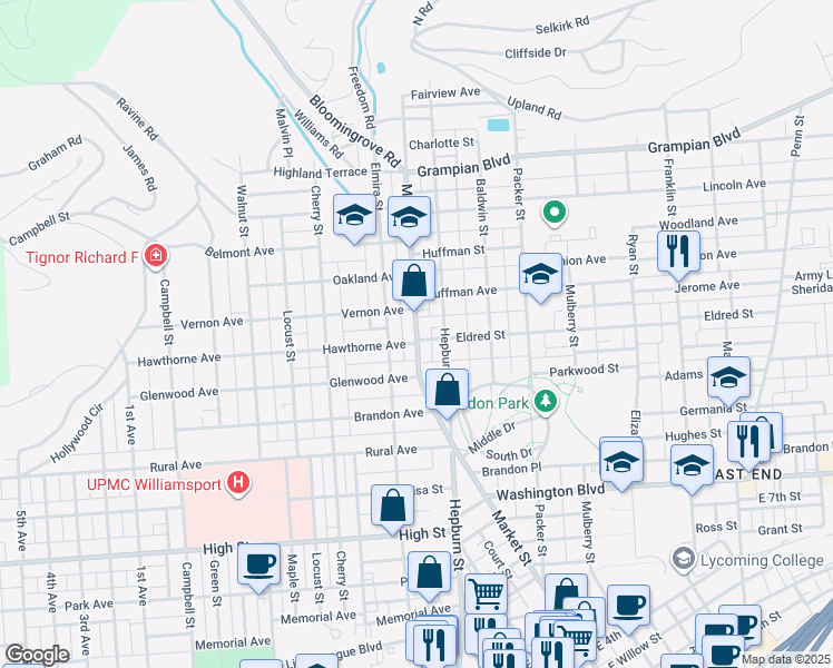 map of restaurants, bars, coffee shops, grocery stores, and more near 1104 Market Street in Williamsport