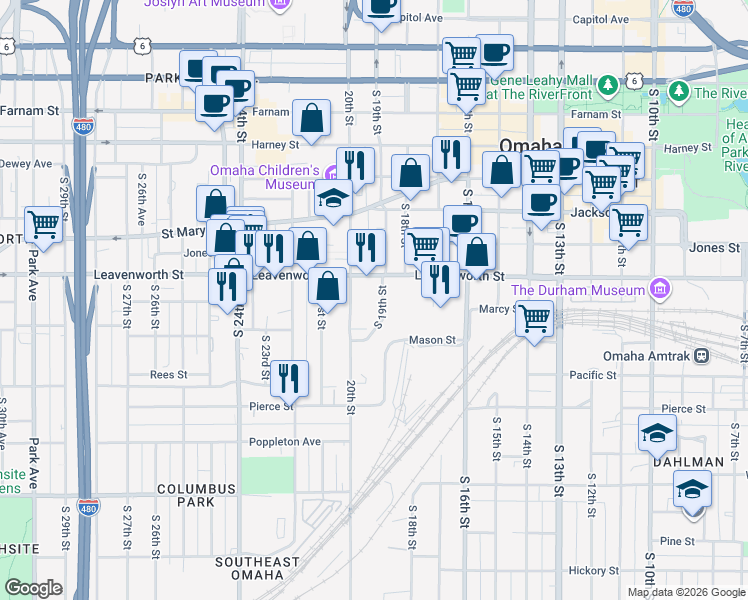 map of restaurants, bars, coffee shops, grocery stores, and more near 822 South 19th Street in Omaha