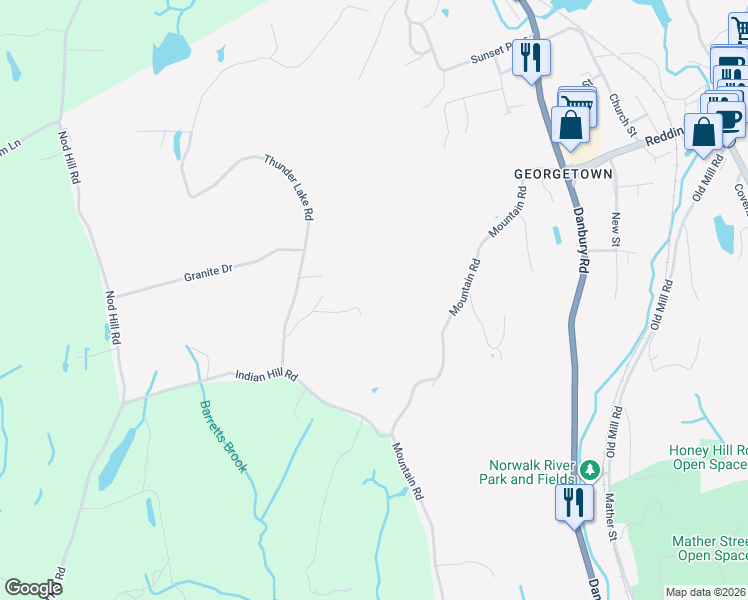 map of restaurants, bars, coffee shops, grocery stores, and more near 18 Thunder Lake Road in Wilton