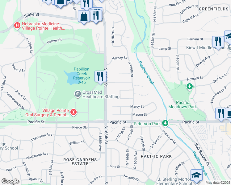 map of restaurants, bars, coffee shops, grocery stores, and more near 16717 Jones Circle in Omaha