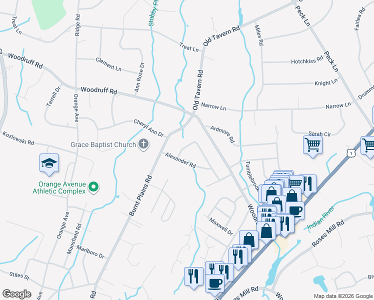 map of restaurants, bars, coffee shops, grocery stores, and more near 102 Green Meadow Road in Milford
