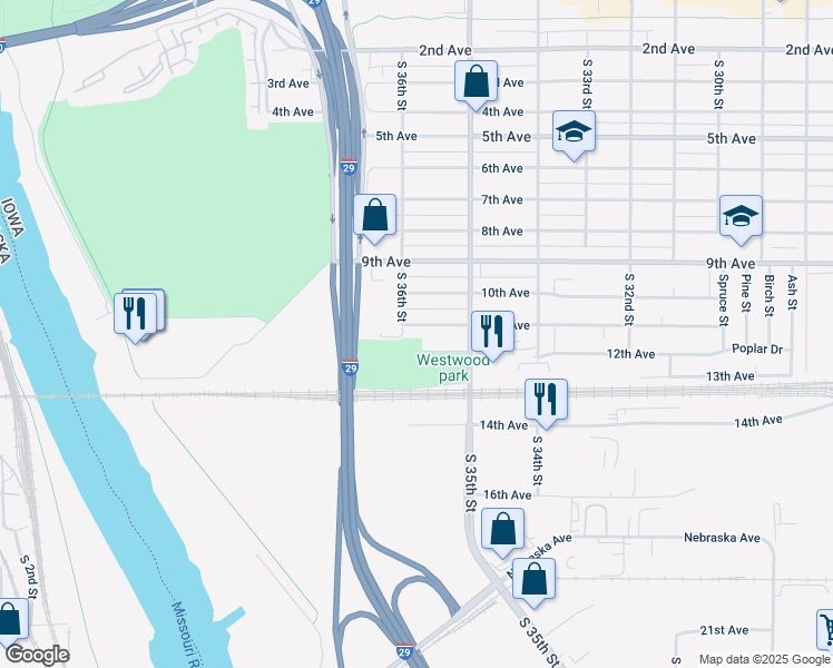 map of restaurants, bars, coffee shops, grocery stores, and more near 3549 11th Avenue in Council Bluffs