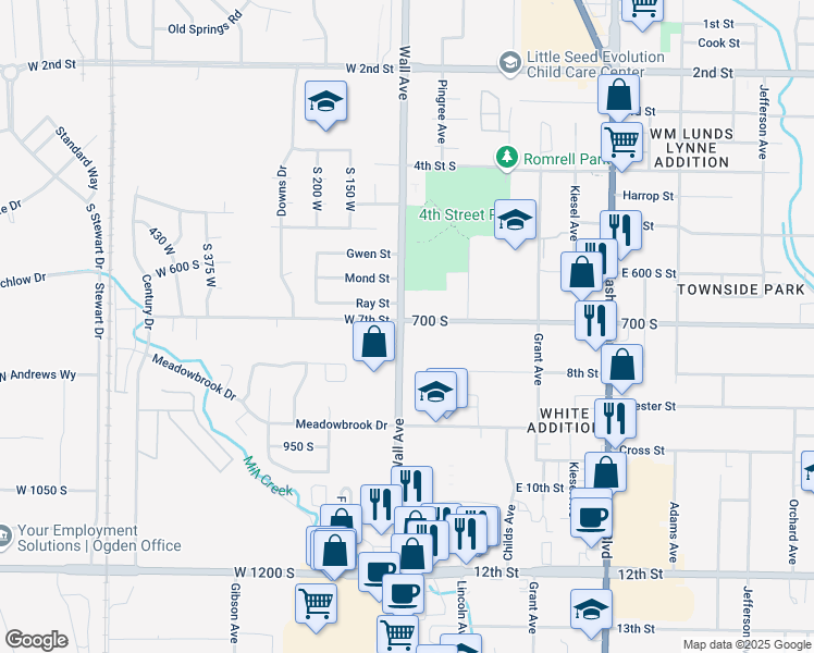 map of restaurants, bars, coffee shops, grocery stores, and more near 702 Wall Avenue in Ogden
