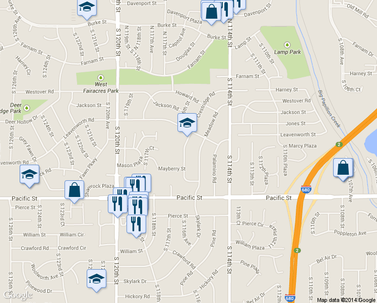 map of restaurants, bars, coffee shops, grocery stores, and more near 907 Crestridge Road in Omaha