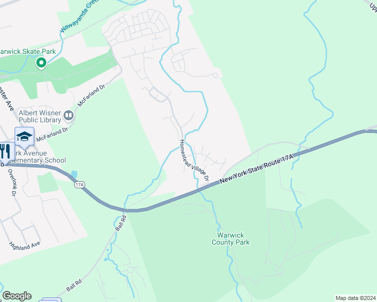 map of restaurants, bars, coffee shops, grocery stores, and more near 21 Olde Wagon Road in Warwick