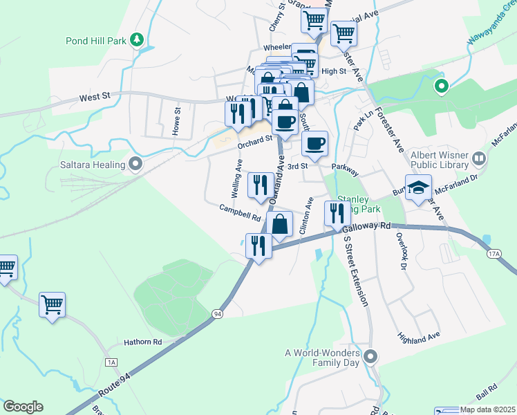 map of restaurants, bars, coffee shops, grocery stores, and more near 36 Oakland Avenue in Warwick