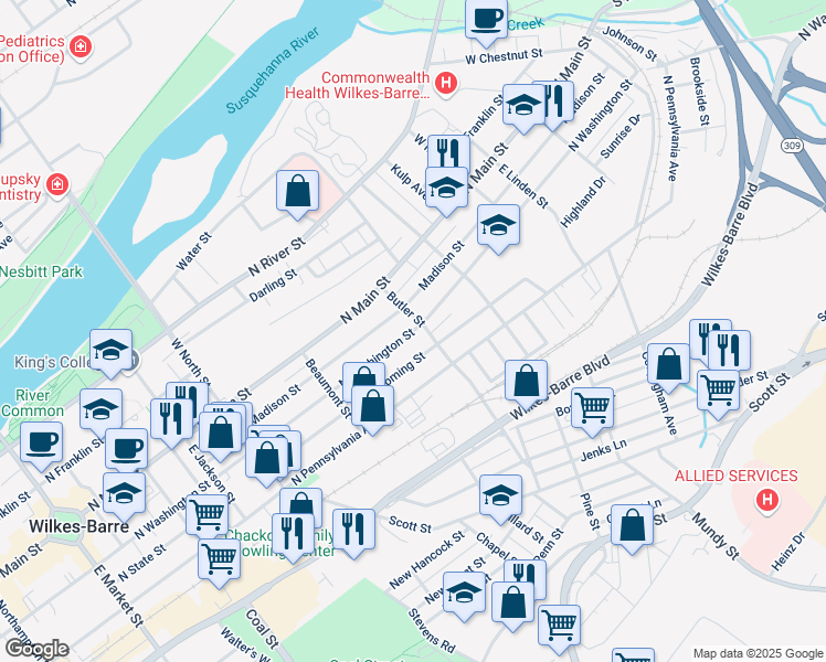 map of restaurants, bars, coffee shops, grocery stores, and more near 415 North Washington Street in Wilkes-Barre