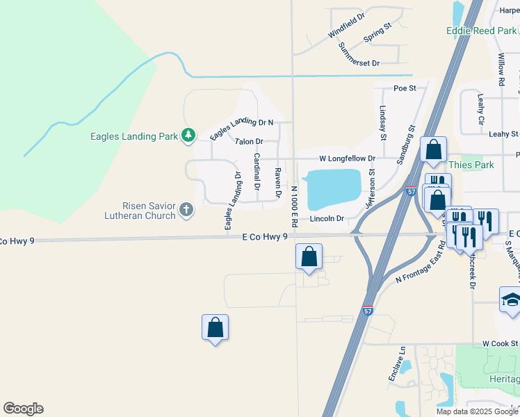 map of restaurants, bars, coffee shops, grocery stores, and more near 1480 Raven Drive in Manteno