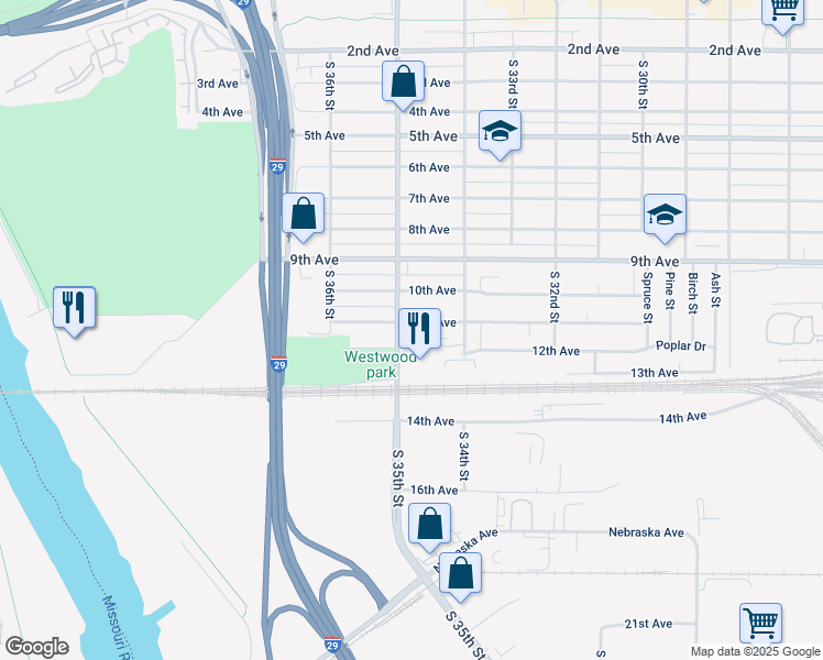 map of restaurants, bars, coffee shops, grocery stores, and more near 3441 11th Avenue in Council Bluffs