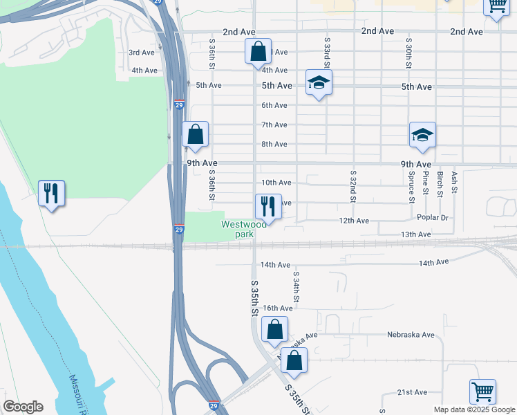 map of restaurants, bars, coffee shops, grocery stores, and more near 3505 11th Avenue in Council Bluffs
