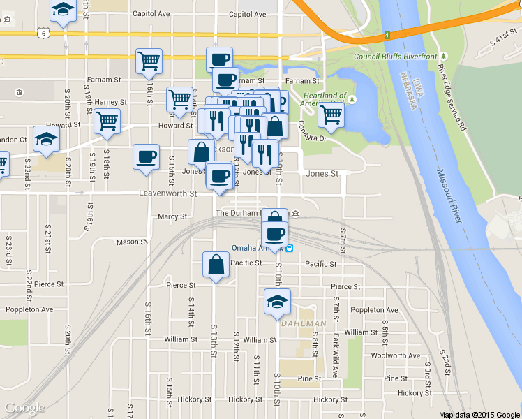 map of restaurants, bars, coffee shops, grocery stores, and more near in Omaha