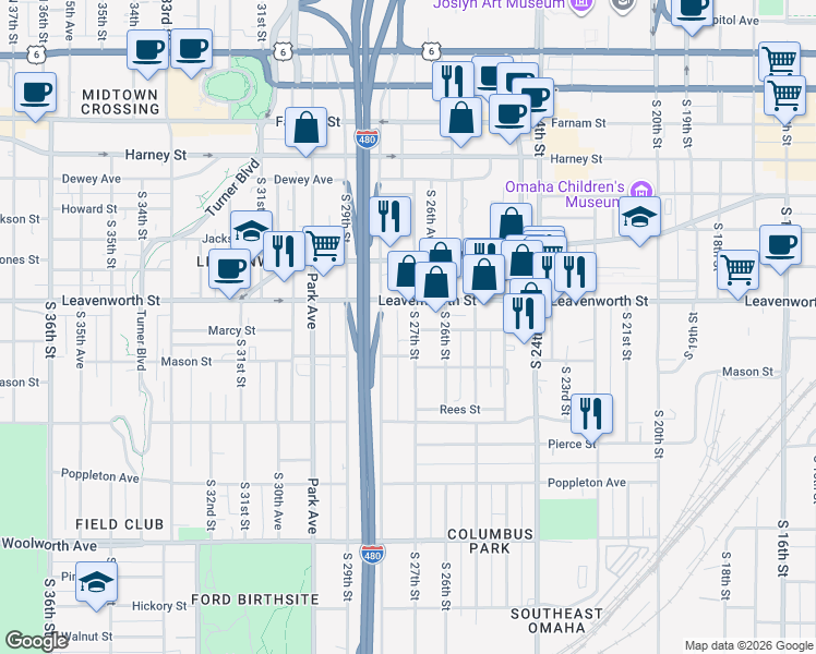 map of restaurants, bars, coffee shops, grocery stores, and more near 824 South 27th Street in Omaha