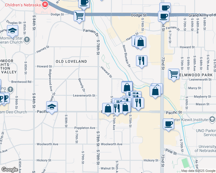 map of restaurants, bars, coffee shops, grocery stores, and more near 620 South 76th Street in Omaha