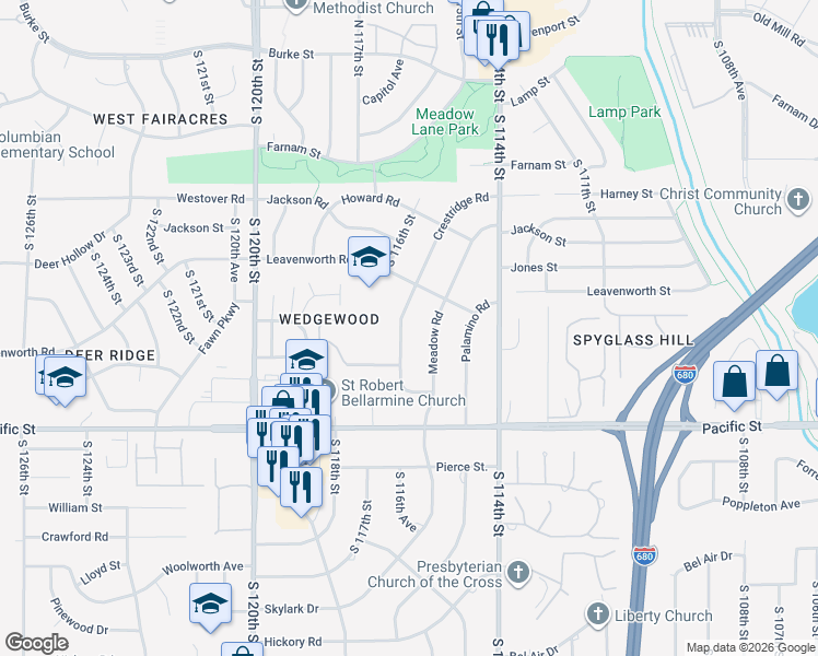 map of restaurants, bars, coffee shops, grocery stores, and more near 907 Crestridge Road in Omaha