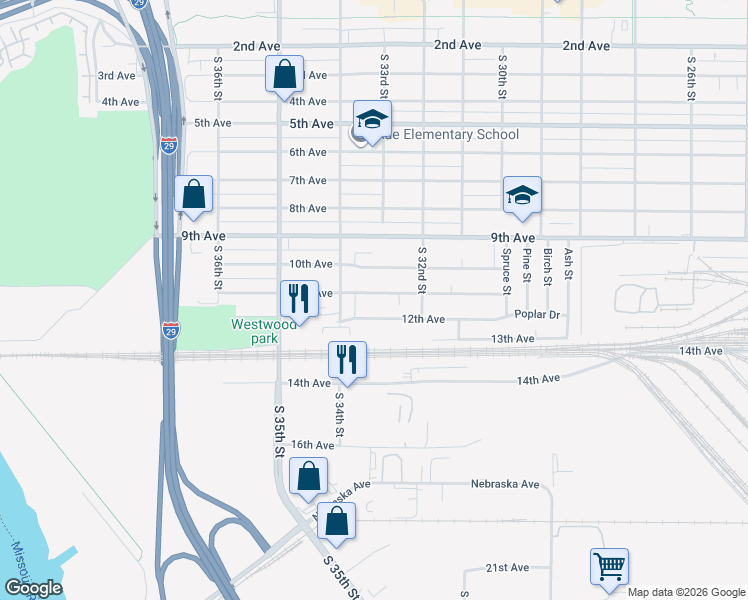 map of restaurants, bars, coffee shops, grocery stores, and more near 3303 11th Avenue in Council Bluffs