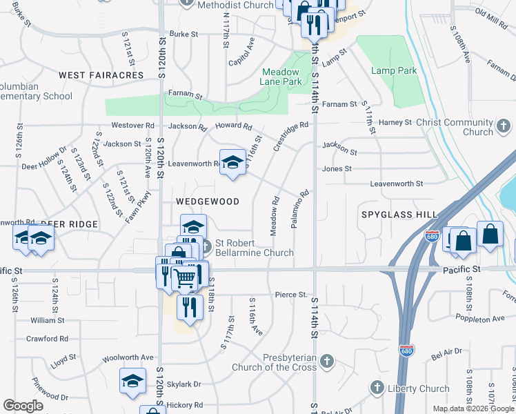 map of restaurants, bars, coffee shops, grocery stores, and more near 907 Crestridge Road in Omaha
